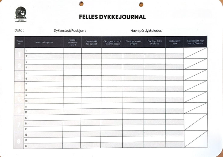 Felles Dykkejournal/alarmplan, A4, standard